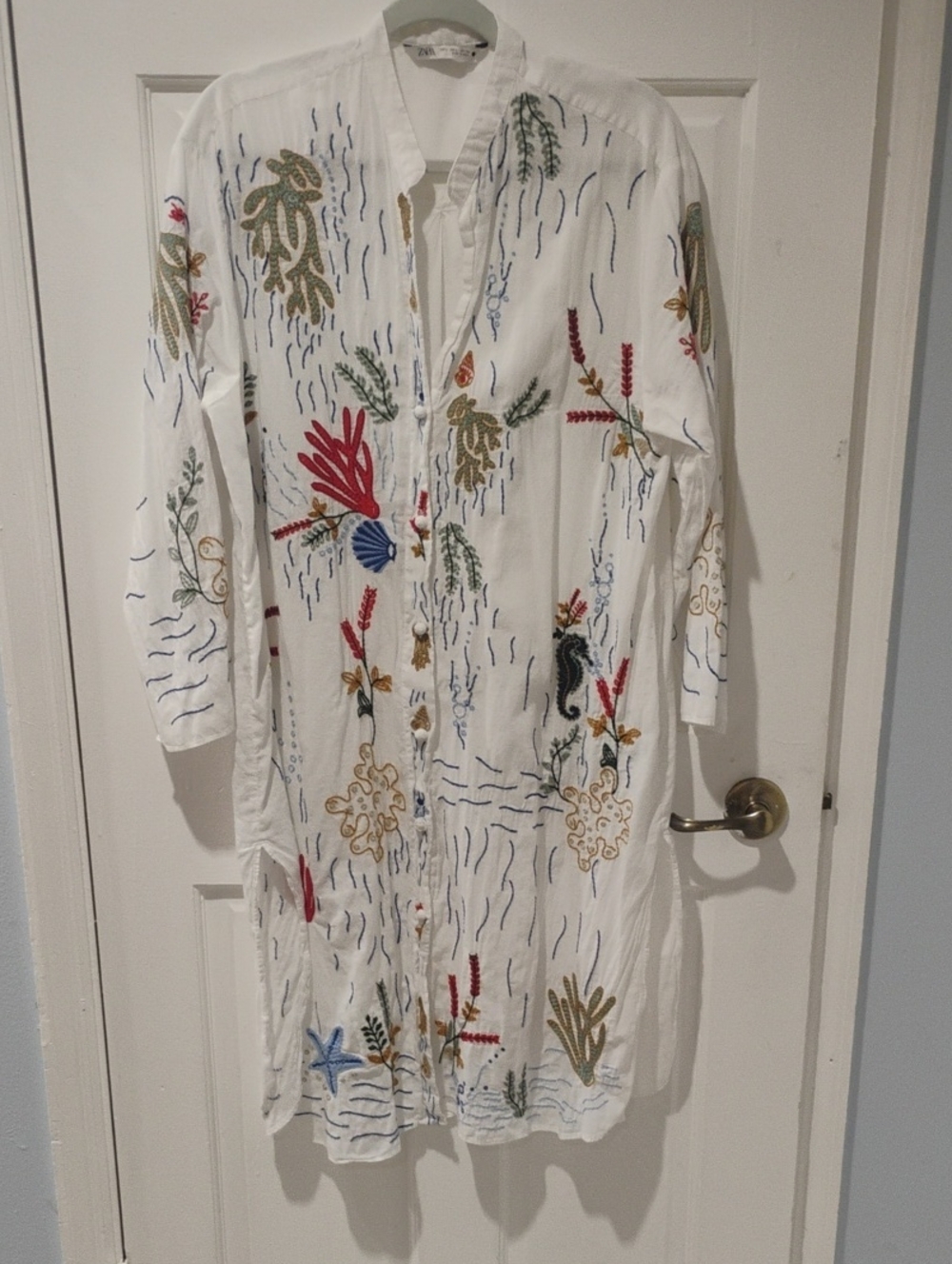 Zara White Embroidered Long Sleeve Shirt Dress Or Beach Cover Sea Motifs